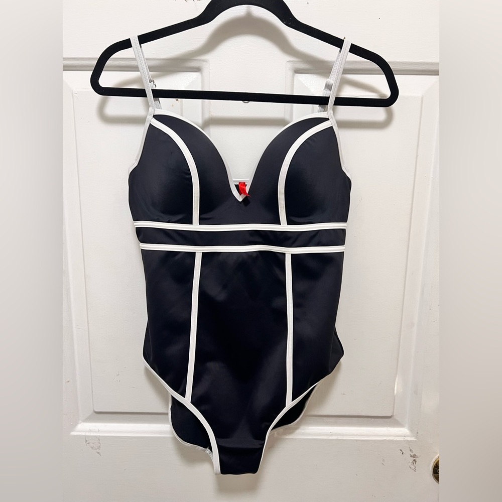 SPANX Sweetheart Black One-Piece Swimsuit with White Trim Size 12